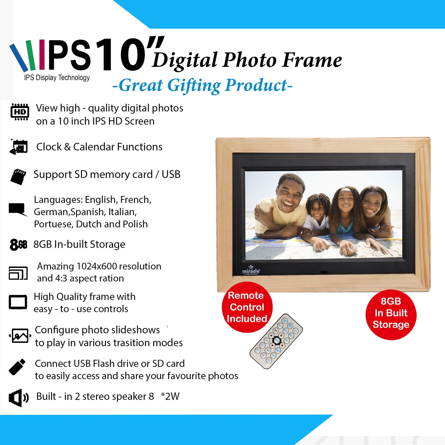Miracle Digital 10" inch IPS Wooden Light Digital Photo Frame Hi-Def Screen Built-in 8GB Memory 2GB RAM