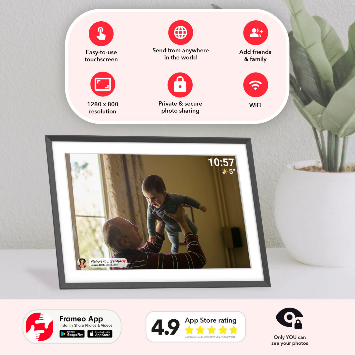 Miracle Digital 15.6” Digital Photo Frame with Wi-Fi & Touch Screen | Large Digital Picture Frame with Slideshow | 32GB Internal Storage| Auto Rotate, Table & Wall Mountable | Share Photo & Videos Instantly through Frameo App | Perfect for Gifting
