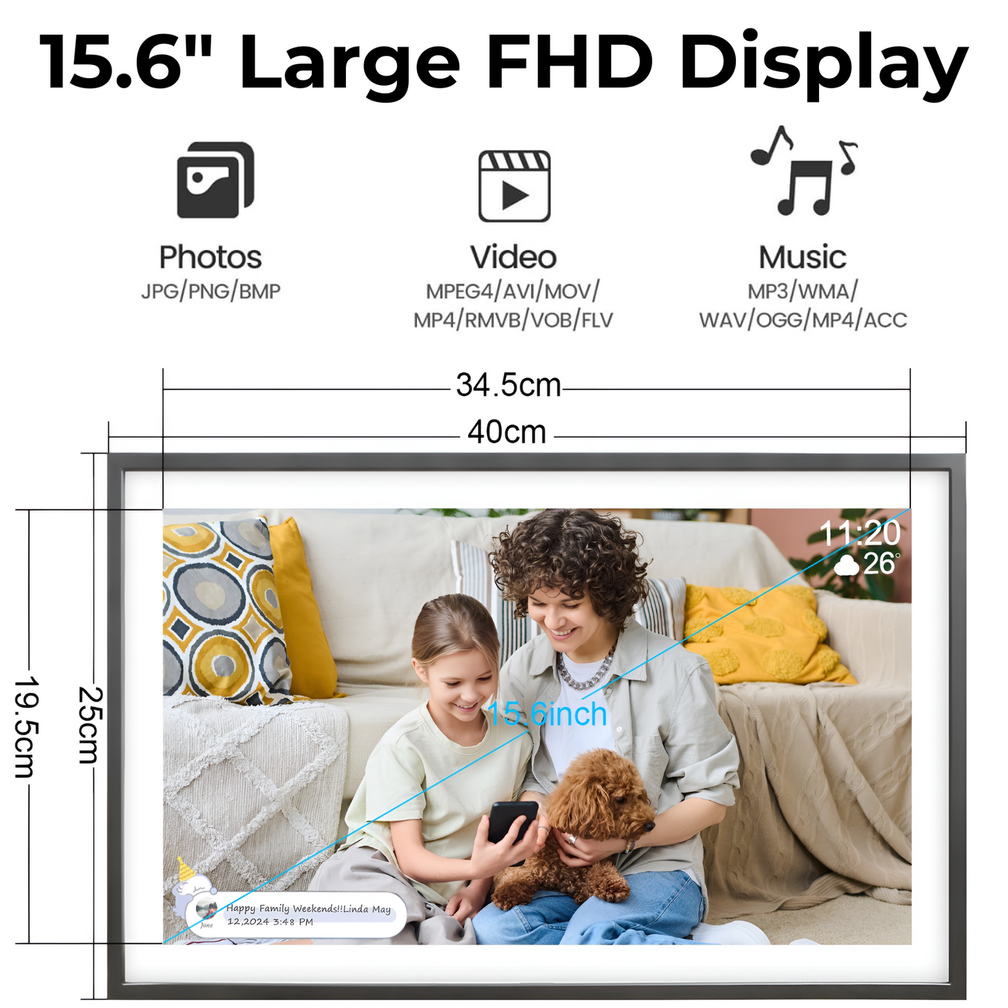 Miracle Digital 15.6” Digital Photo Frame with Wi-Fi & Touch Screen | Large Digital Picture Frame with Slideshow | 32GB Internal Storage| Auto Rotate, Table & Wall Mountable | Share Photo & Videos Instantly through Frameo App | Perfect for Gifting