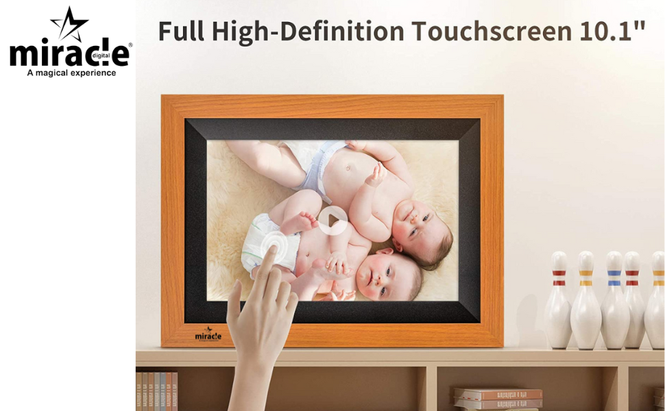 Miracle Digital 10.1" Wooden Dark Cloud Wi-Fi Photo Frame, 32GB memory, Android 8, 2GB RAM. Share photos & videos via Frameo app.