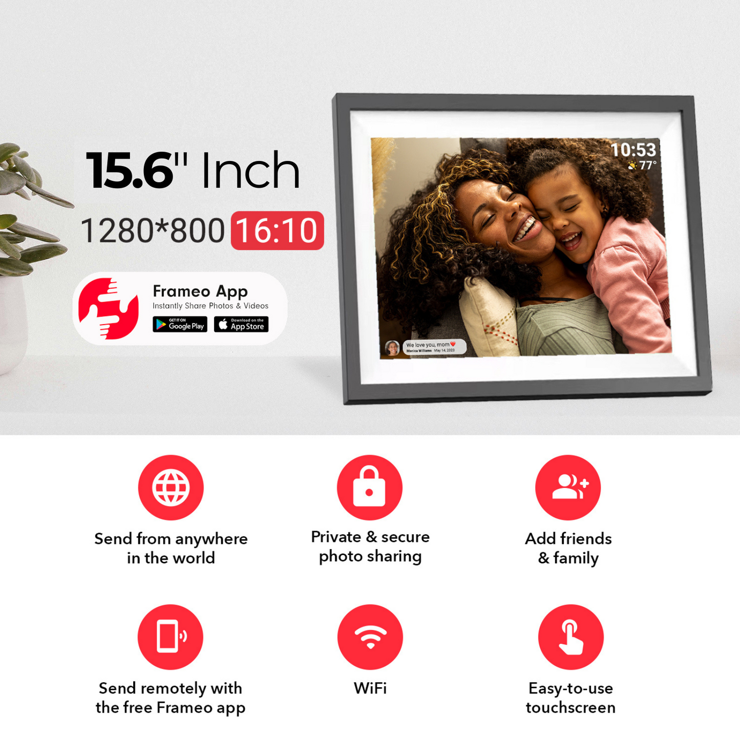 Miracle Digital 15.6” Digital Photo Frame with Wi-Fi & Touch Screen | Large Digital Picture Frame with Slideshow | 32GB Internal Storage| Auto Rotate, Table & Wall Mountable | Share Photo & Videos Instantly through Frameo App | Perfect for Gifting