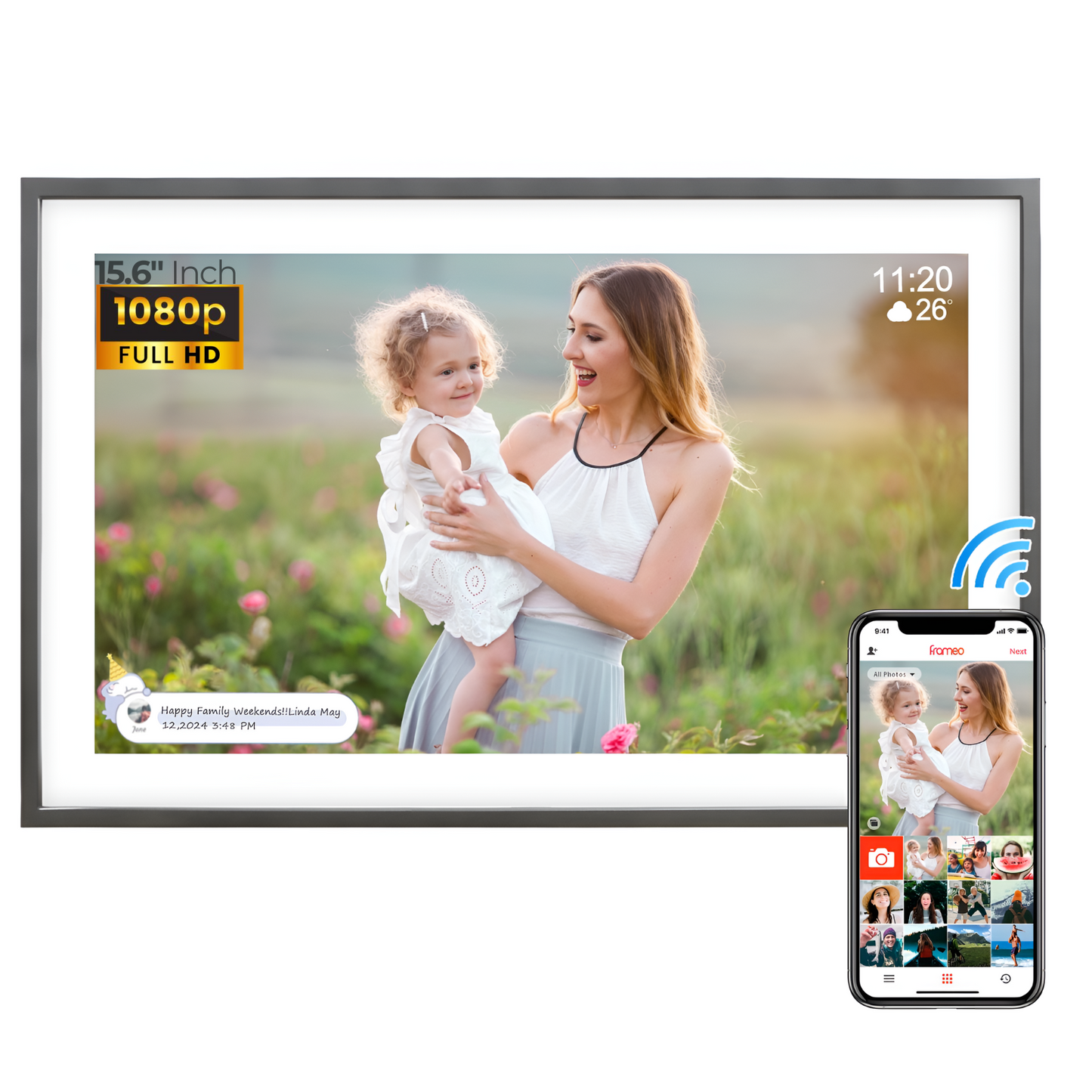 Miracle Digital 15.6” Digital Photo Frame with Wi-Fi & Touch Screen | Large Digital Picture Frame with Slideshow | 32GB Internal Storage| Auto Rotate, Table & Wall Mountable | Share Photo & Videos Instantly through Frameo App | Perfect for Gifting