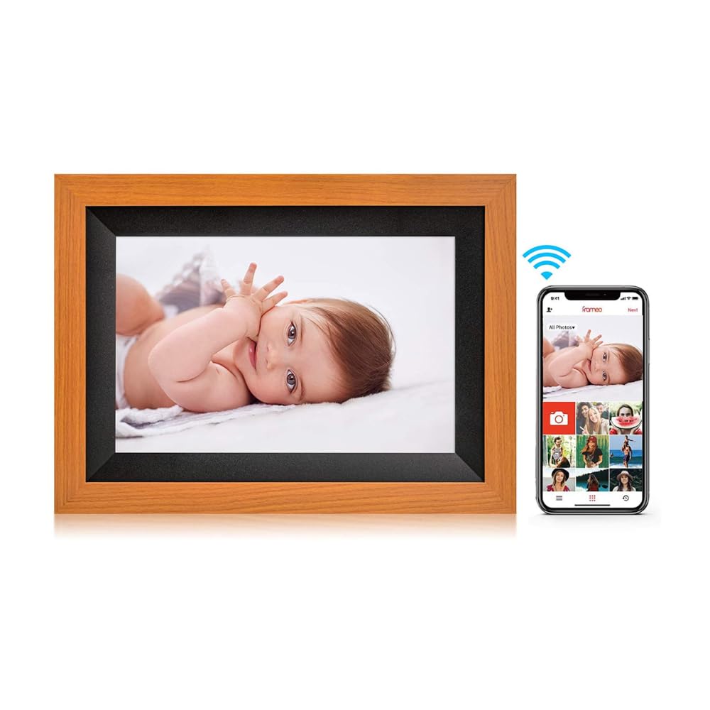 Miracle Digital 10.1" Wooden Dark Cloud Wi-Fi Photo Frame, 32GB memory, Android 8, 2GB RAM. Share photos & videos via Frameo app.