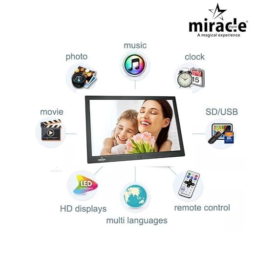 Miracle Digital 15.4" HDMI Photo Frame, Mirror Glass Finish, 8GB memory, 2GB RAM, USB/SD support, remote, photo slideshow, video & audio support.