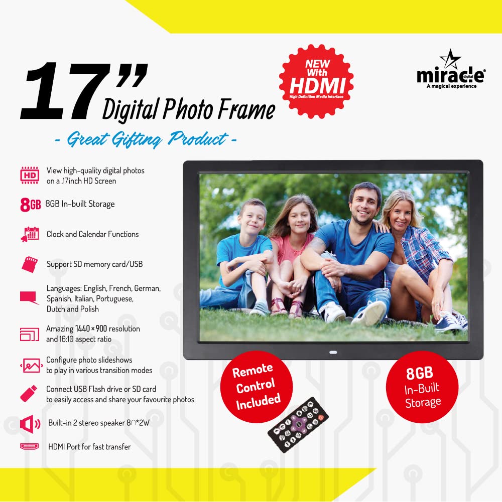 Miracle Digital 17" HDMI Photo Frame, Mirror Glass Finish, 8GB memory, 2GB RAM, USB/SD support, remote, photo slideshow, video & audio support.