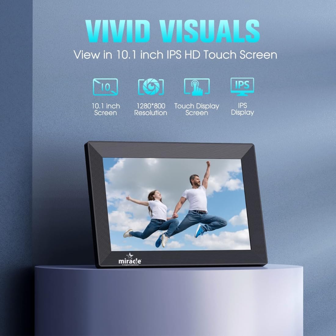 Miracle Digital 10.1" Wi-Fi Cloud Photo Frame with 32GB memory, Android 8, 2GB RAM. Share photos & videos via Frameo app.