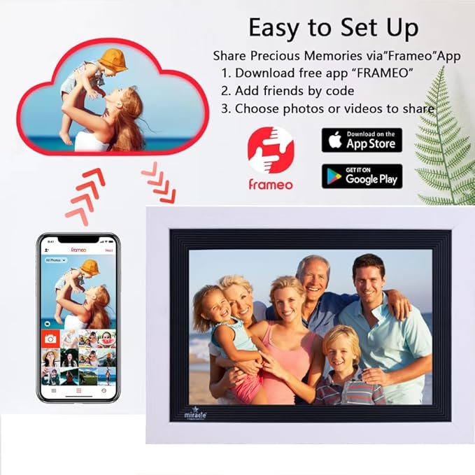 Miracle Digital 10.1" Wooden White Cloud Wi-Fi Photo Frame, 32GB memory, Android 8, 2GB RAM. Share photos & videos via Frameo app.