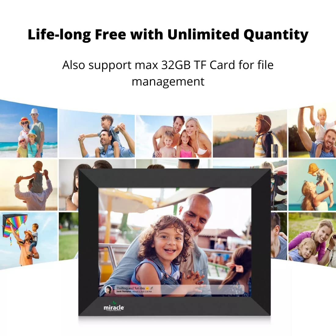 Miracle Digital 10.1" Wi-Fi Cloud Photo Frame with 32GB memory, Android 8, 2GB RAM. Share photos & videos via Frameo app.