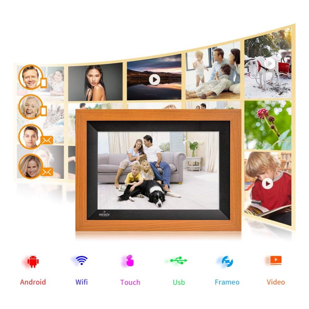Miracle Digital 10.1" Wooden Dark Cloud Wi-Fi Photo Frame, 32GB memory, Android 8, 2GB RAM. Share photos & videos via Frameo app.