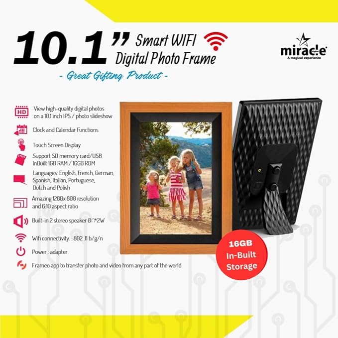 Miracle Digital 10.1" Wooden Dark Cloud Wi-Fi Photo Frame, 32GB memory, Android 8, 2GB RAM. Share photos & videos via Frameo app.
