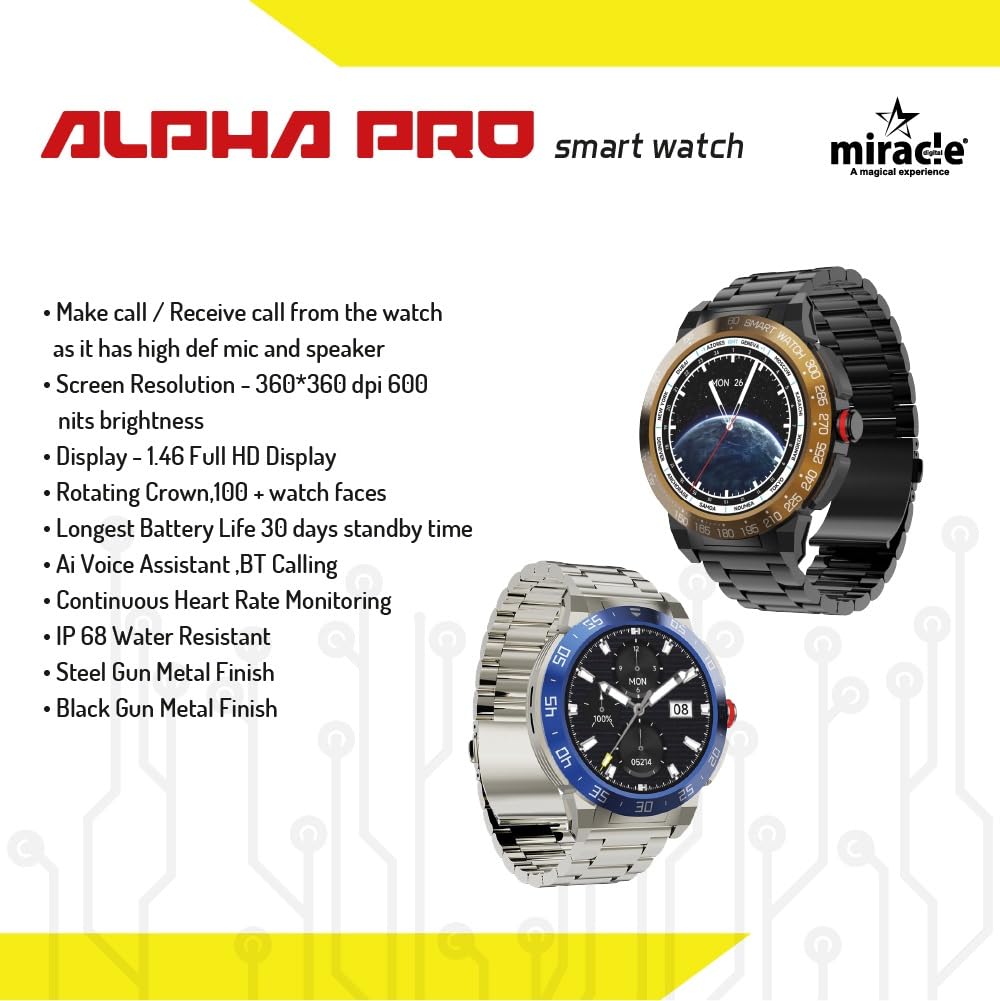 Miracle Digital Alpha Pro Smart Watch, 1.46" HD Display, Black Finish, Bluetooth Calling, AI Assist, IP68, Heart Rate Monitor, Long Battery.