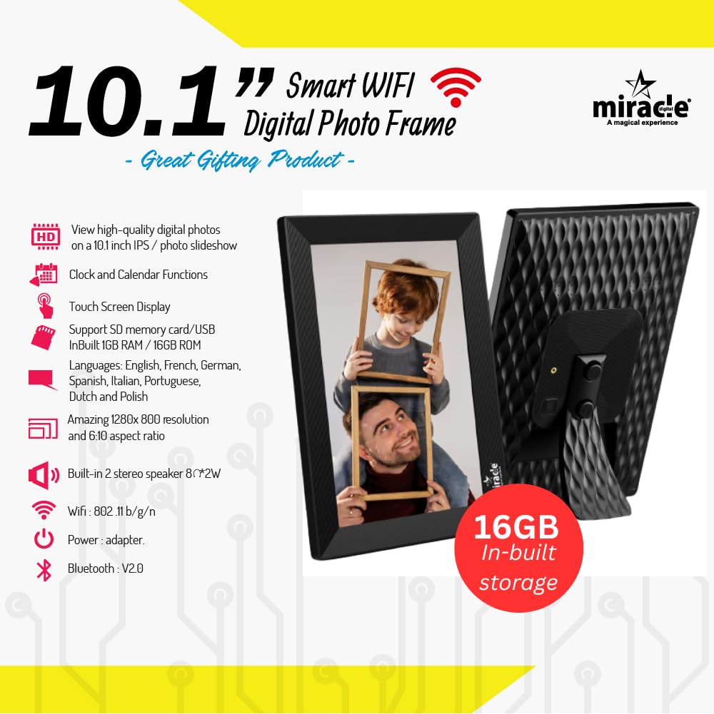 Miracle Digital 10.1" Wi-Fi Cloud Photo Frame with 32GB memory, Android 8, 2GB RAM. Share photos & videos via Frameo app.