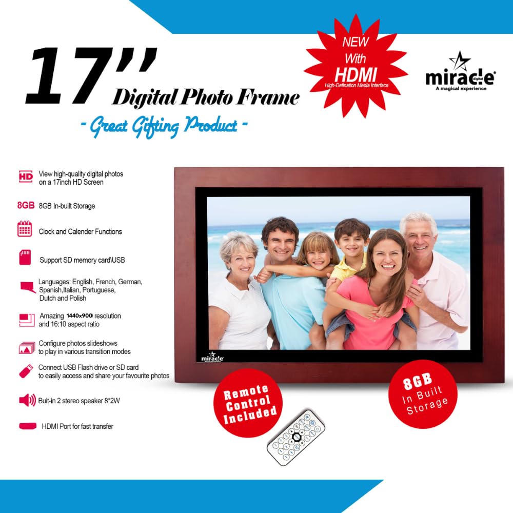 Miracle Digital 17" Wooden Dark HDMI Photo Frame, Mirror Glass Finish, 8GB memory, 2GB RAM, USB/SD support, remote, photo slideshow, video & audio.