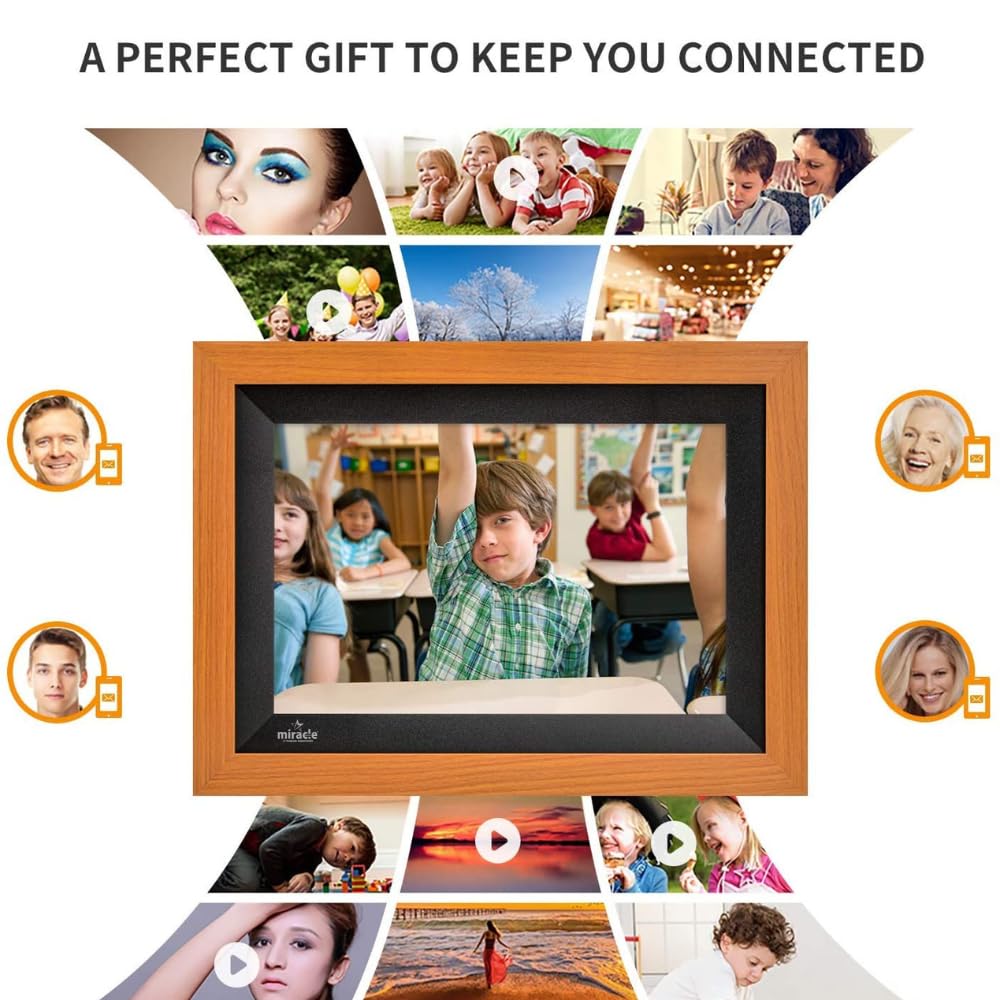 Miracle Digital 10.1" Wooden Dark Cloud Wi-Fi Photo Frame, 32GB memory, Android 8, 2GB RAM. Share photos & videos via Frameo app.