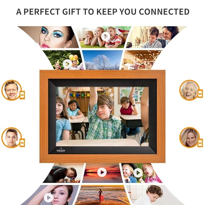 Miracle Digital 10.1" Wooden Dark Cloud Wi-Fi Photo Frame, 32GB memory, Android 8, 2GB RAM. Share photos & videos via Frameo app.