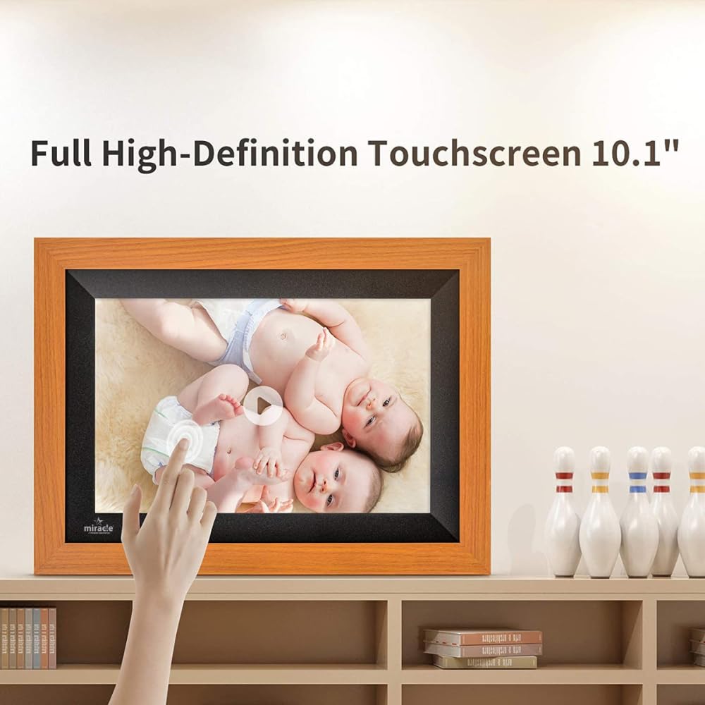 Miracle Digital 10.1" Wooden Dark Cloud Wi-Fi Photo Frame, 32GB memory, Android 8, 2GB RAM. Share photos & videos via Frameo app.