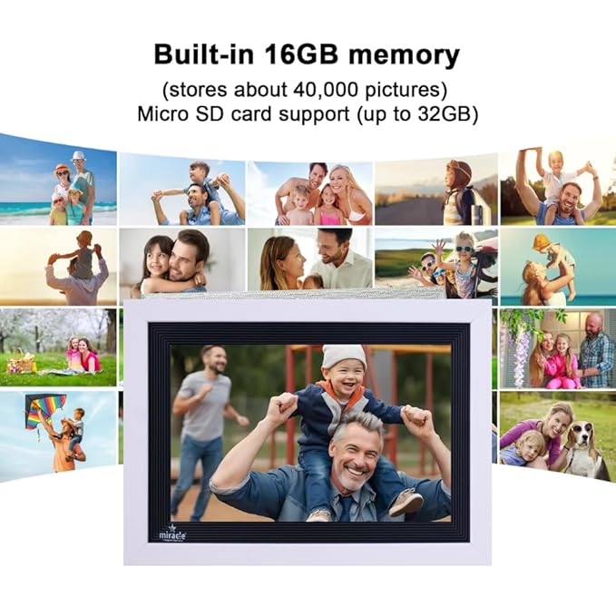 Miracle Digital 10.1" Wooden White Cloud Wi-Fi Photo Frame, 32GB memory, Android 8, 2GB RAM. Share photos & videos via Frameo app.