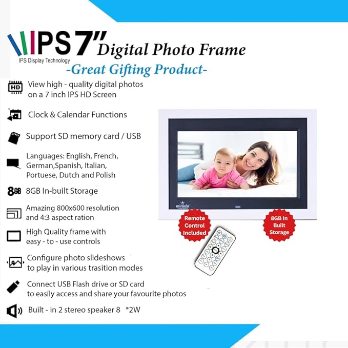 Miracle Digital 7" Inch IPS Wooden White Digital Photo Frame Hi-Def Screen Built-in 8GB Memory 2GB RAM