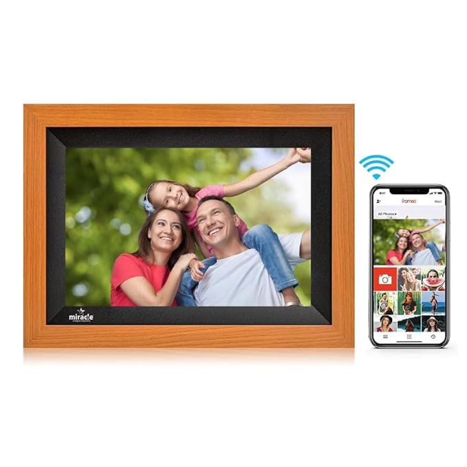 Miracle Digital 10.1" Wooden Dark Cloud Wi-Fi Photo Frame, 32GB memory, Android 8, 2GB RAM. Share photos & videos via Frameo app.