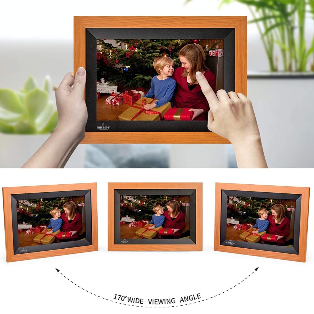 Miracle Digital 10.1" Wooden Dark Cloud Wi-Fi Photo Frame, 32GB memory, Android 8, 2GB RAM. Share photos & videos via Frameo app.