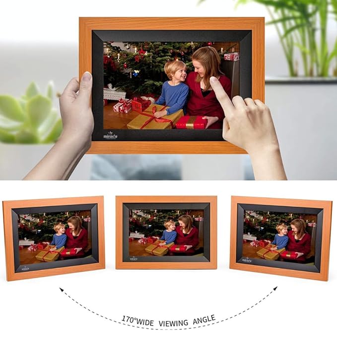 Miracle Digital 10.1" Wooden Dark Cloud Wi-Fi Photo Frame, 32GB memory, Android 8, 2GB RAM. Share photos & videos via Frameo app.