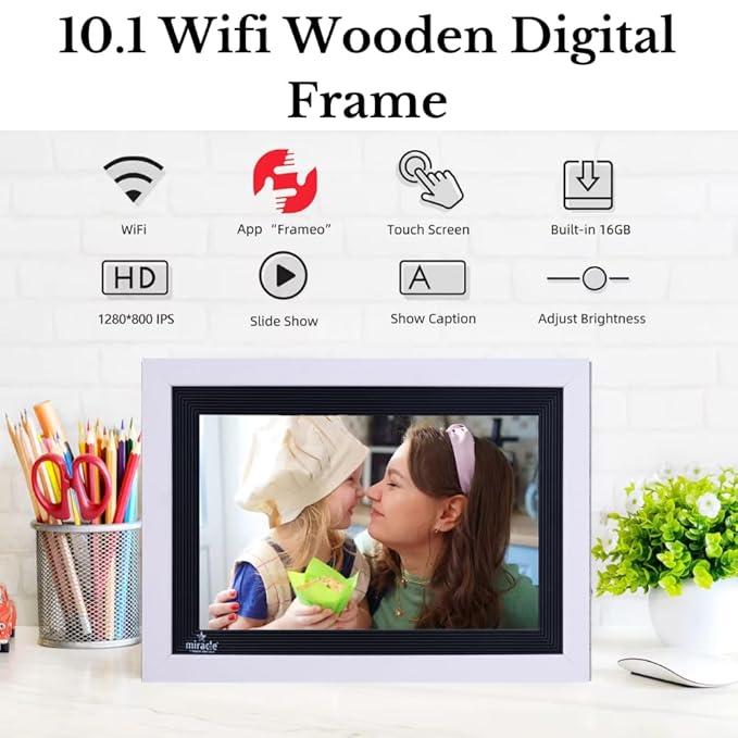 Miracle Digital 10.1" Wooden White Cloud Wi-Fi Photo Frame, 32GB memory, Android 8, 2GB RAM. Share photos & videos via Frameo app.