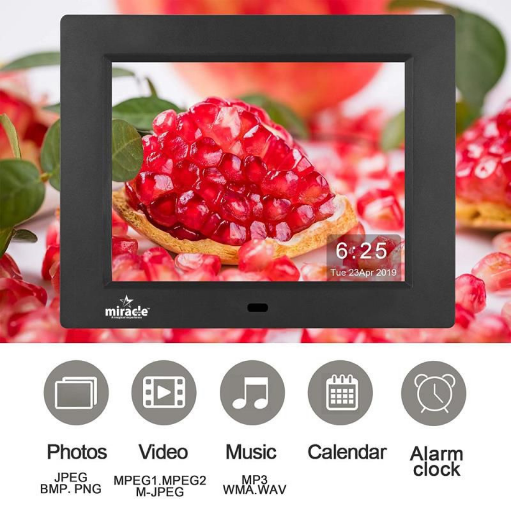 Miracle Digital 8" Inch IPS Wooden Dark Digital Photo Frame with Hi-Def Screen Built-in 8GB Memory & 2GB RAM with 180° Wide Angle Viewing