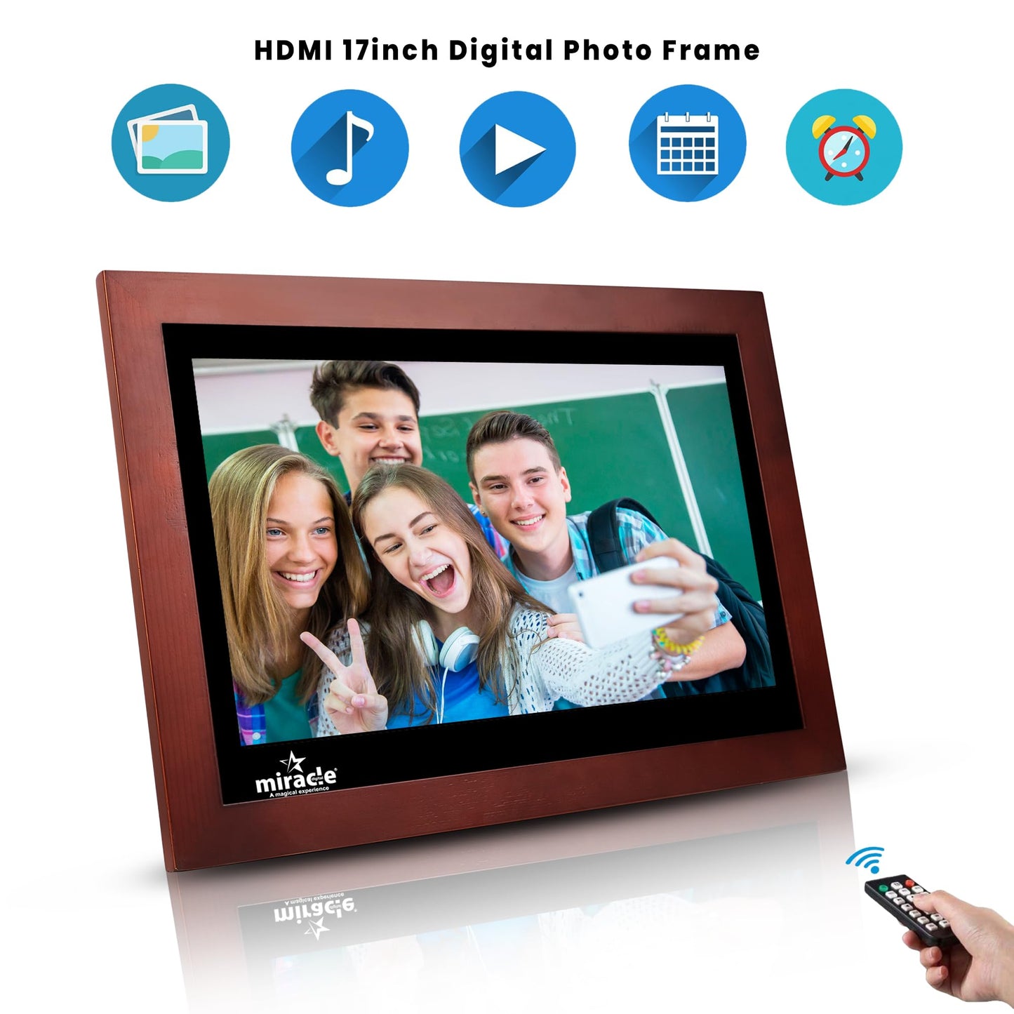 Miracle Digital 17" Wooden Dark HDMI Photo Frame, Mirror Glass Finish, 8GB memory, 2GB RAM, USB/SD support, remote, photo slideshow, video & audio.