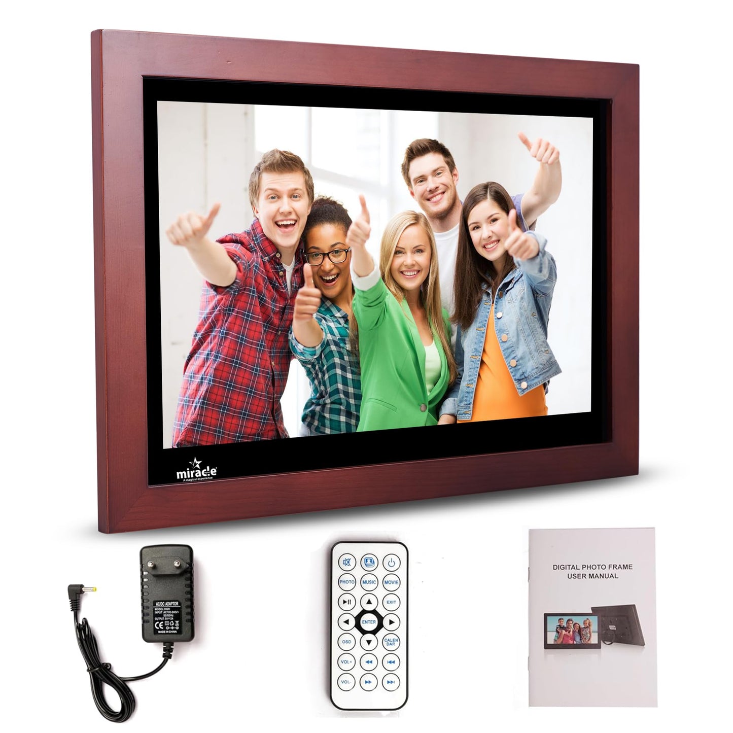 Miracle Digital 15.4" Wooden Dark HDMI Photo Frame, Mirror Glass Finish, 8GB memory, 2GB RAM, USB/SD support, remote, photo slideshow, video & audio.