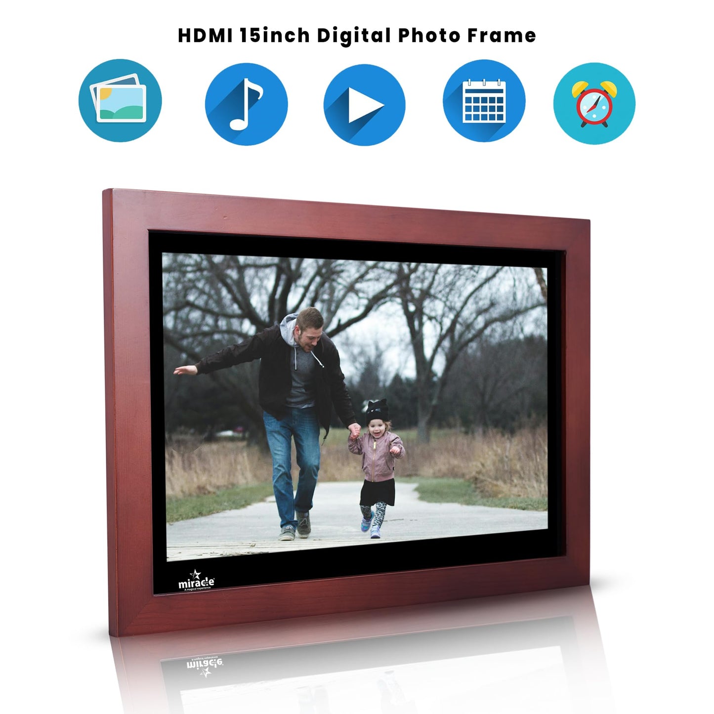 Miracle Digital 15.4" Wooden Dark HDMI Photo Frame, Mirror Glass Finish, 8GB memory, 2GB RAM, USB/SD support, remote, photo slideshow, video & audio.