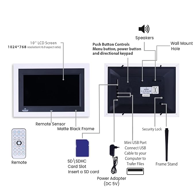 Miracle Digital 10" inch IPS Wooden White Digital Photo Frame Hi-Def Screen Built-in 8GB Memory 2GB RAM