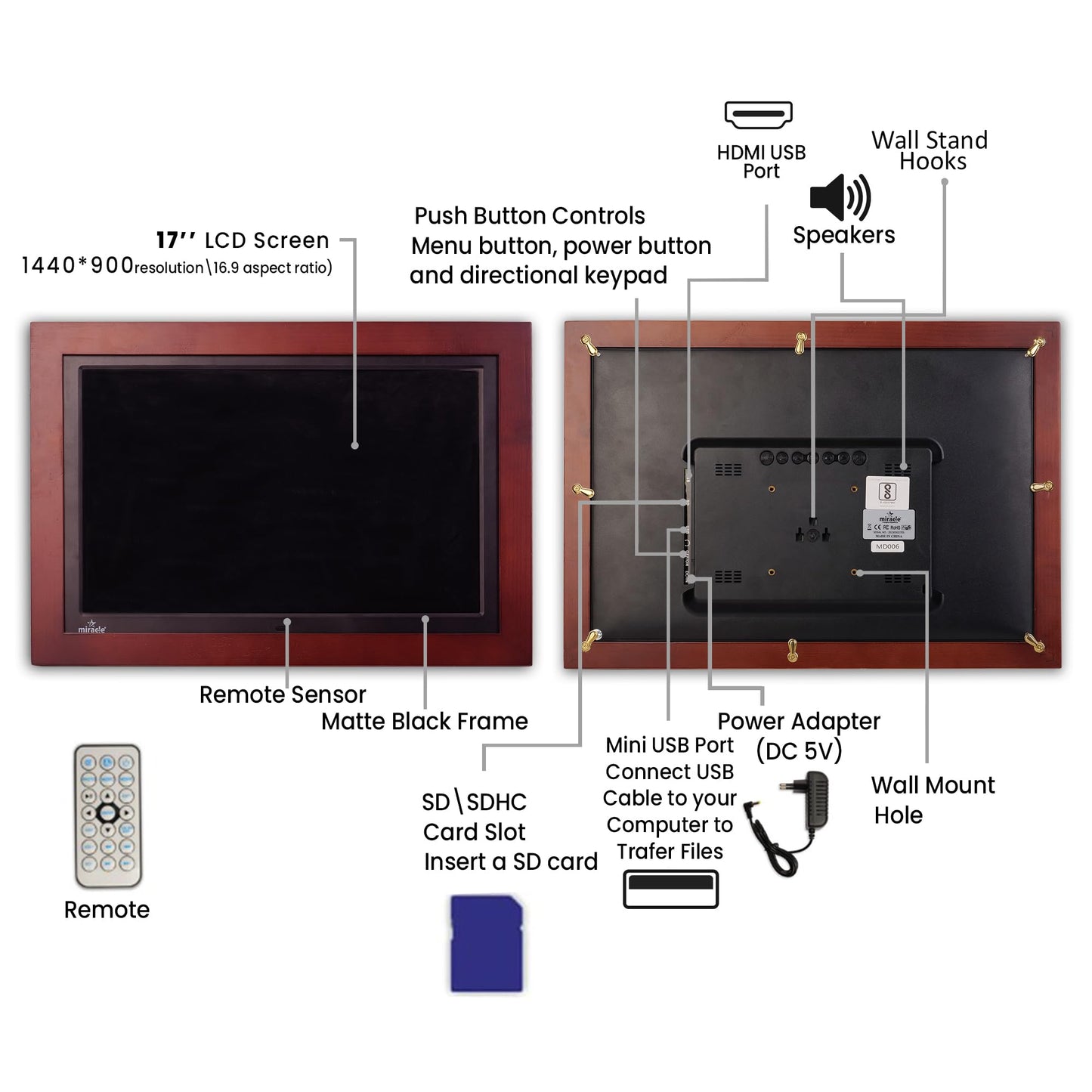 Miracle Digital 17" Wooden Dark HDMI Photo Frame, Mirror Glass Finish, 8GB memory, 2GB RAM, USB/SD support, remote, photo slideshow, video & audio.