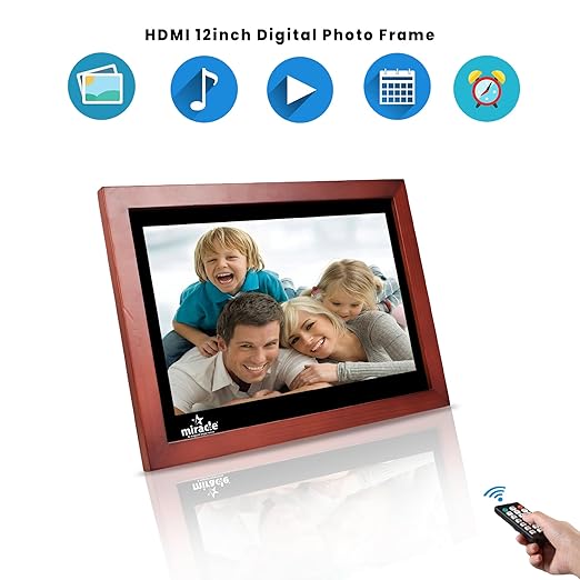 Miracle Digital 12" Wooden Dark HDMI Photo Frame, Premium Mirror Finish, Hi-def Display, 8GB memory, 2GB RAM, 2 Stereo Speakers.