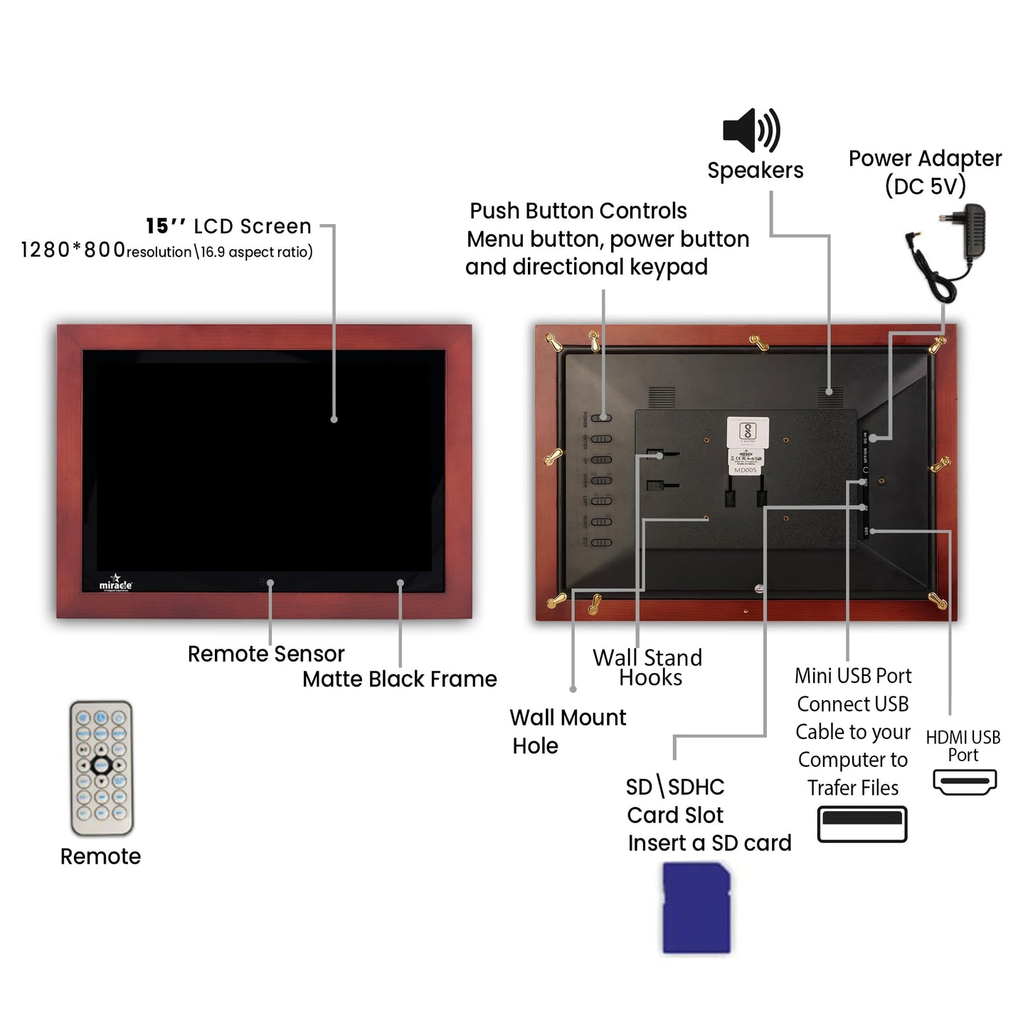 Miracle Digital 15.4" Wooden Dark HDMI Photo Frame, Mirror Glass Finish, 8GB memory, 2GB RAM, USB/SD support, remote, photo slideshow, video & audio.