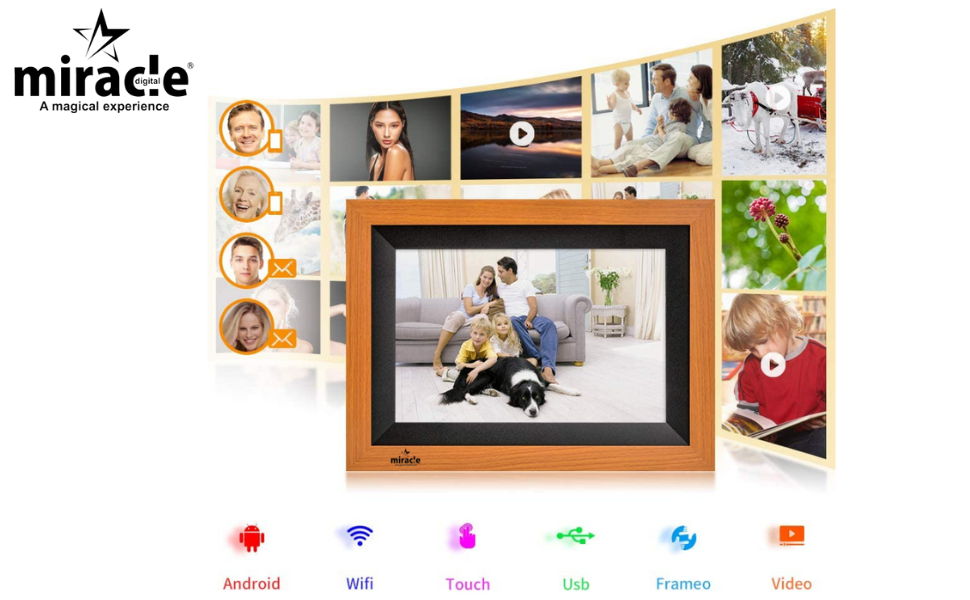 Miracle Digital 10.1" Wooden Dark Cloud Wi-Fi Photo Frame, 32GB memory, Android 8, 2GB RAM. Share photos & videos via Frameo app.