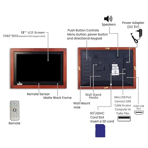 Miracle Digital 12" Wooden Dark HDMI Photo Frame, Premium Mirror Finish, Hi-def Display, 8GB memory, 2GB RAM, 2 Stereo Speakers.