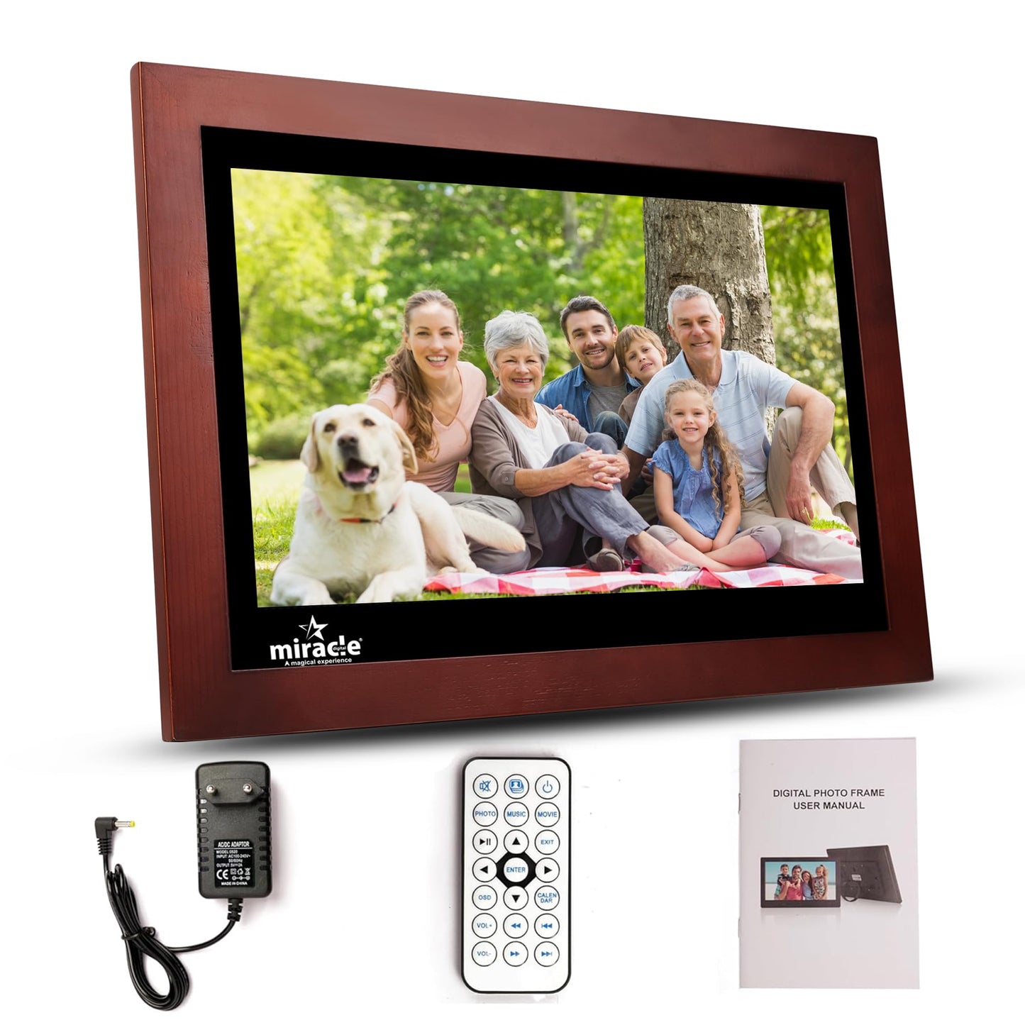Miracle Digital 17" Wooden Dark HDMI Photo Frame, Mirror Glass Finish, 8GB memory, 2GB RAM, USB/SD support, remote, photo slideshow, video & audio.