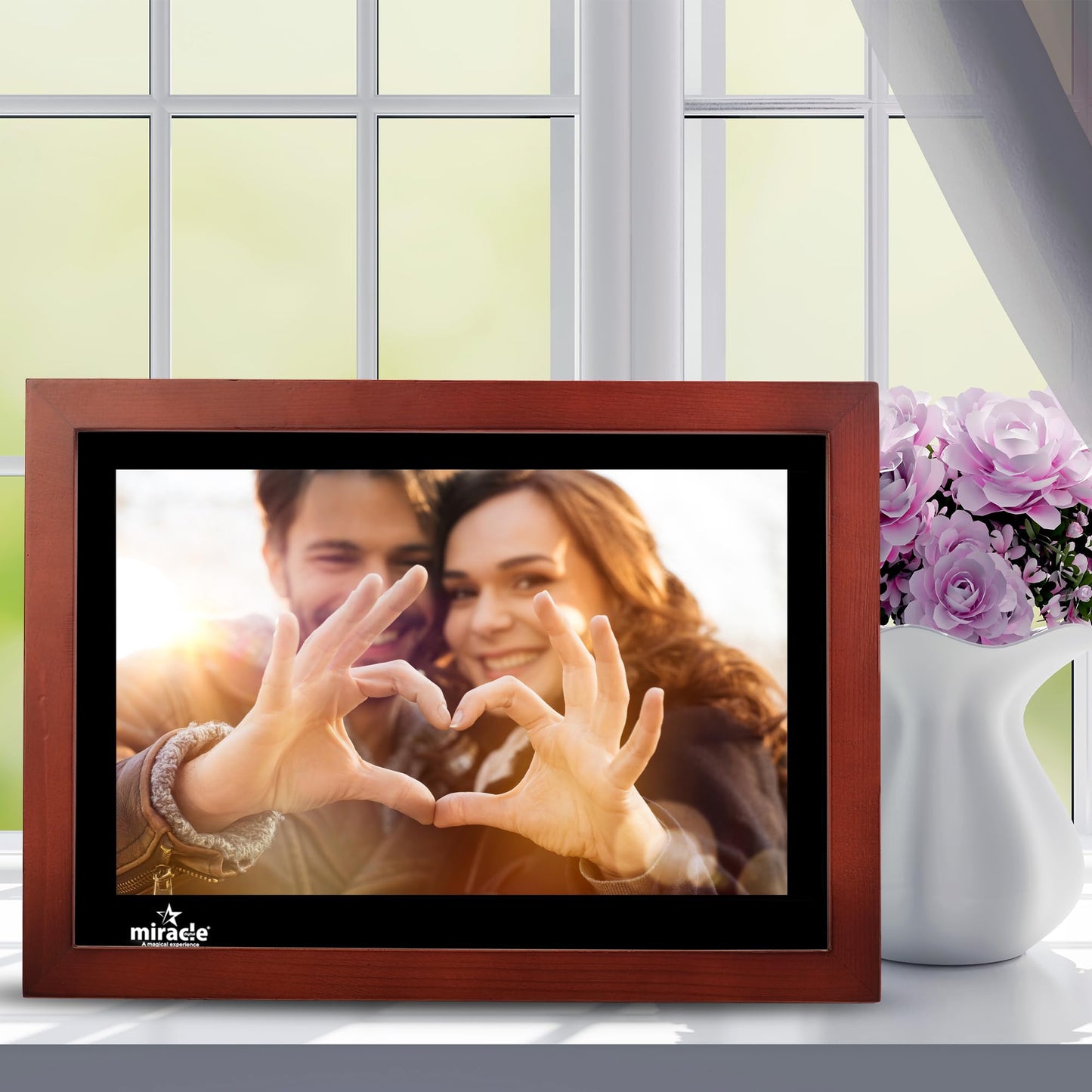 Miracle Digital 17" Wooden Dark HDMI Photo Frame, Mirror Glass Finish, 8GB memory, 2GB RAM, USB/SD support, remote, photo slideshow, video & audio.