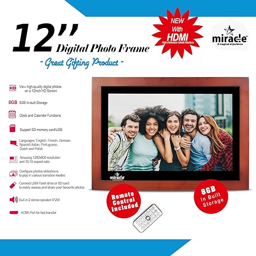 Miracle Digital 12" Wooden Dark HDMI Photo Frame, Premium Mirror Finish, Hi-def Display, 8GB memory, 2GB RAM, 2 Stereo Speakers.