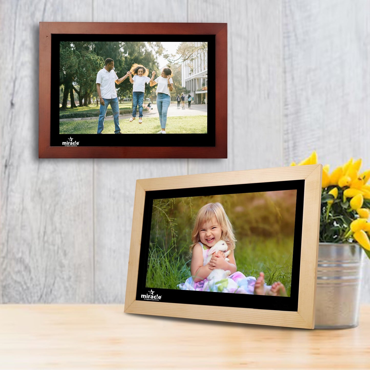 Miracle Digital 15.4" Wooden Dark HDMI Photo Frame, Mirror Glass Finish, 8GB memory, 2GB RAM, USB/SD support, remote, photo slideshow, video & audio.