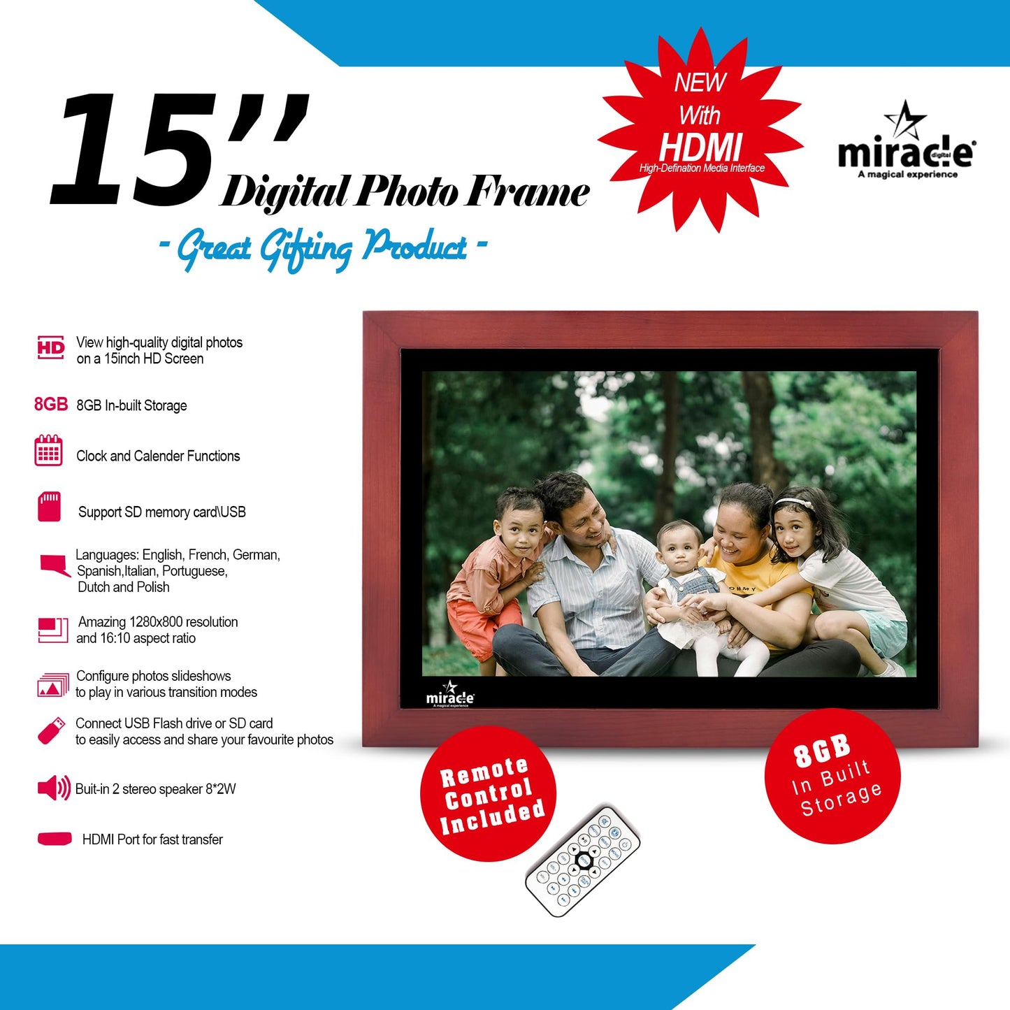 Miracle Digital 15.4" Wooden Dark HDMI Photo Frame, Mirror Glass Finish, 8GB memory, 2GB RAM, USB/SD support, remote, photo slideshow, video & audio.