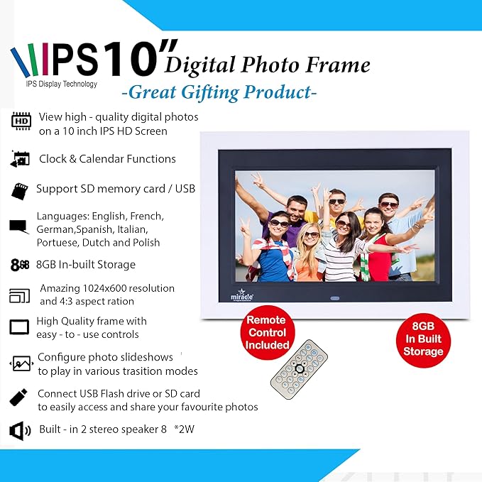 Miracle Digital 10" inch IPS Wooden White Digital Photo Frame Hi-Def Screen Built-in 8GB Memory 2GB RAM
