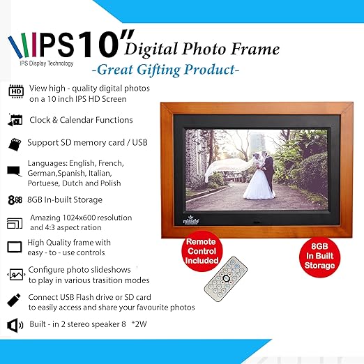 Miracle Digital 10" inch IPS Wooden Dark Digital Photo Frame Hi-Def Screen Built-in 8 GB Memory 2GB RAM