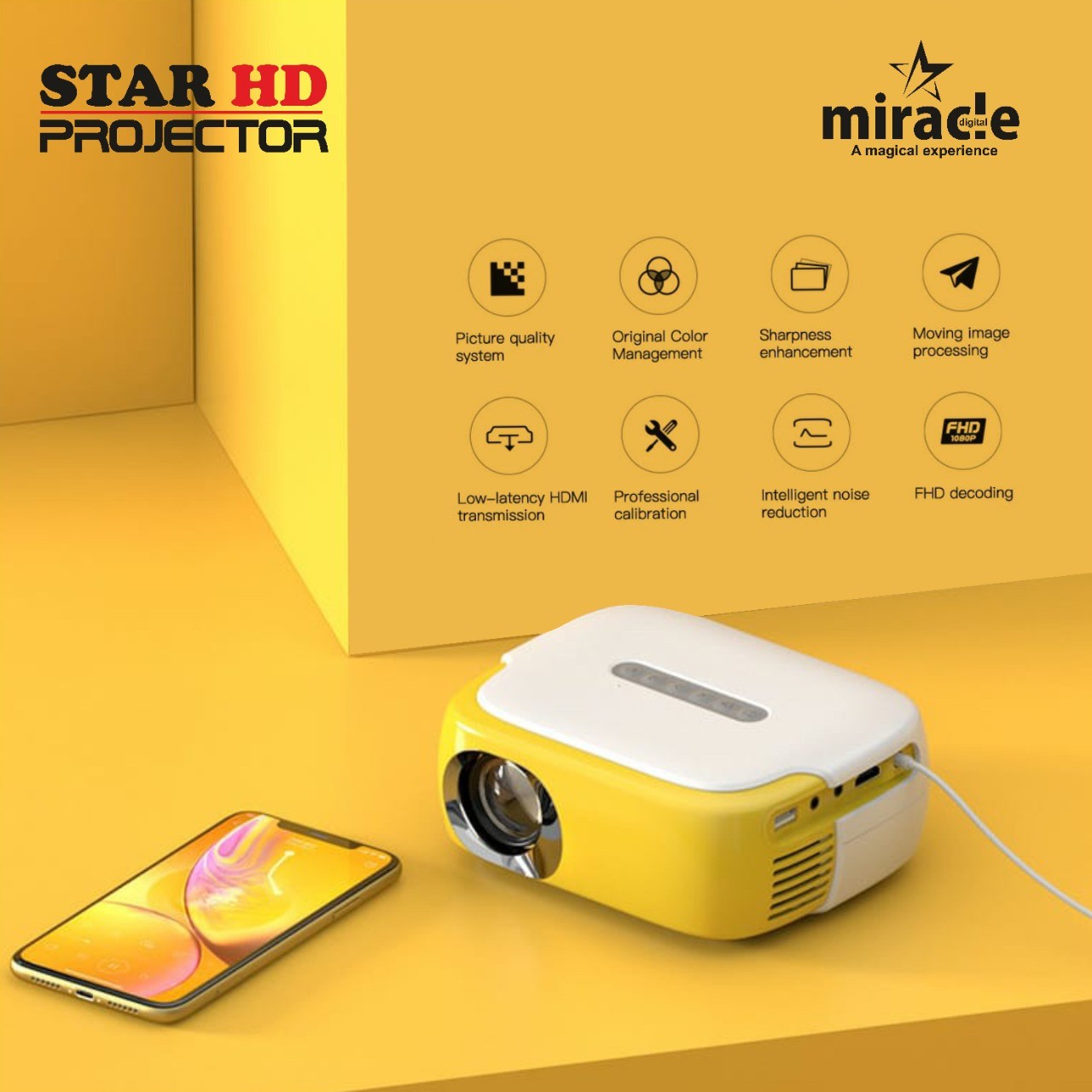 Miracle Digital Star HD Projector | Full HD 100 inch Projection Ratio | Multi Interface Connection | Light Weight, Portable & Small