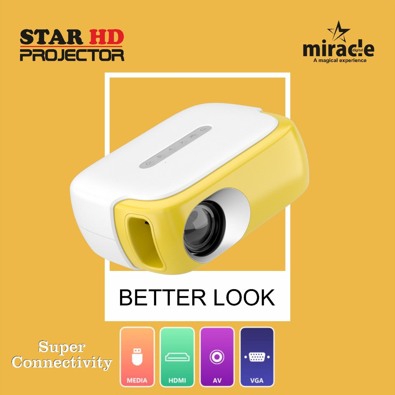 Miracle Digital Star HD Projector | Full HD 100 inch Projection Ratio | Multi Interface Connection | Light Weight, Portable & Small