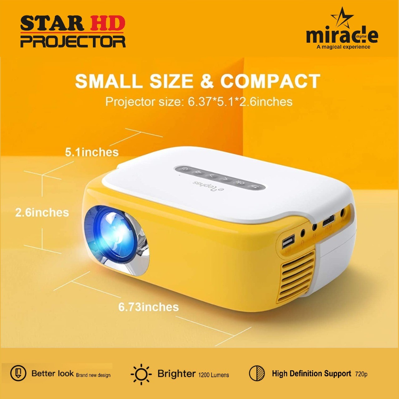 Miracle Digital Star HD Projector | Full HD 100 inch Projection Ratio | Multi Interface Connection | Light Weight, Portable & Small