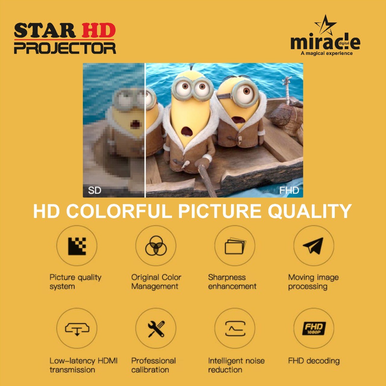 Miracle Digital Star HD Projector | Full HD 100 inch Projection Ratio | Multi Interface Connection | Light Weight, Portable & Small