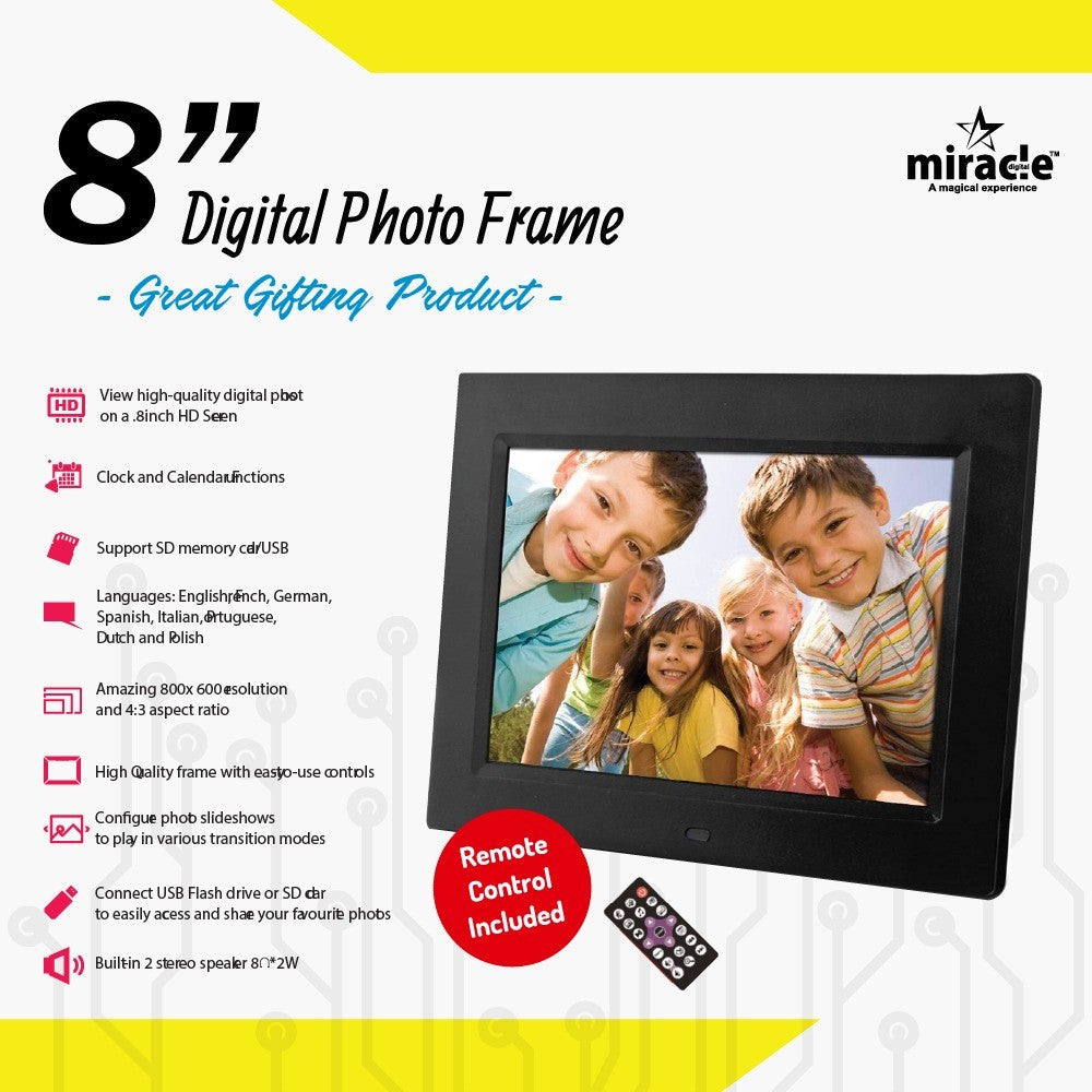 Miracle Digital 8" Inch IPS Wooden Dark Digital Photo Frame with Hi-Def Screen Built-in 8GB Memory & 2GB RAM with 180° Wide Angle Viewing