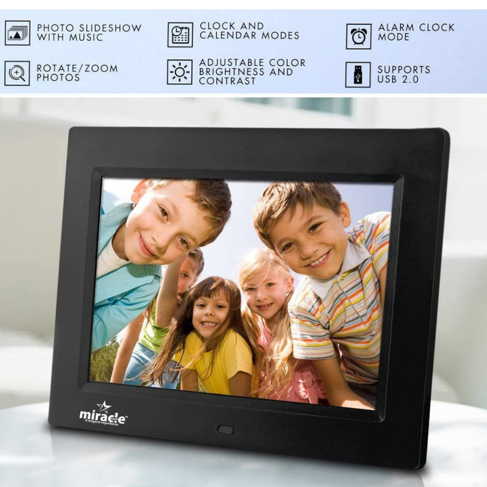 Miracle Digital 8" Inch IPS Wooden Dark Digital Photo Frame with Hi-Def Screen Built-in 8GB Memory & 2GB RAM with 180° Wide Angle Viewing