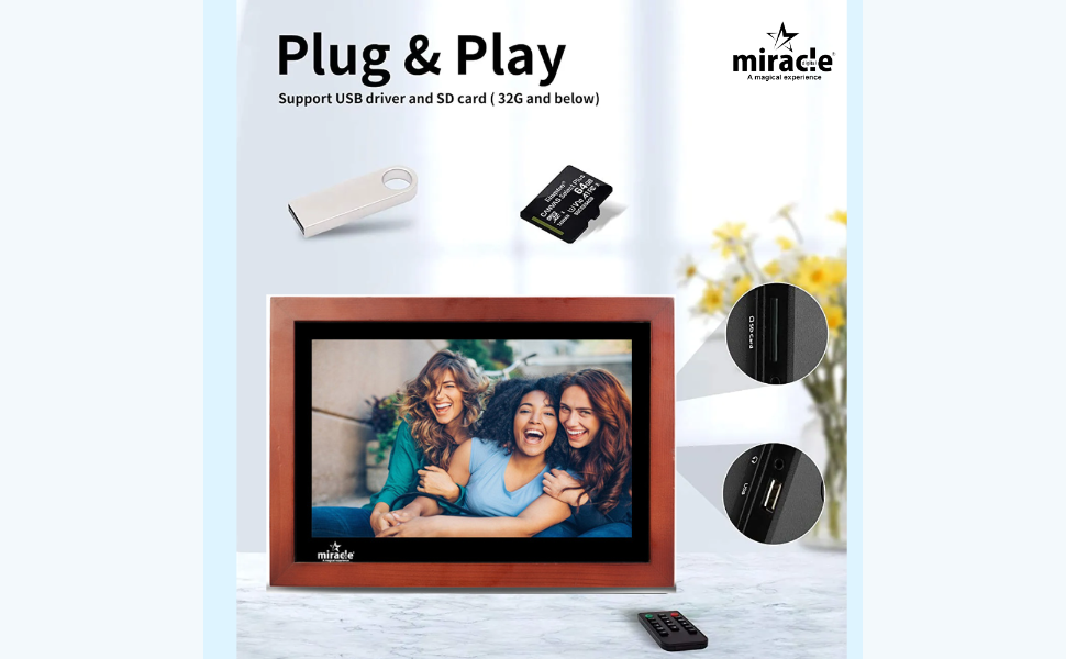 Miracle Digital 12" Wooden Dark HDMI Photo Frame, Premium Mirror Finish, Hi-def Display, 8GB memory, 2GB RAM, 2 Stereo Speakers.